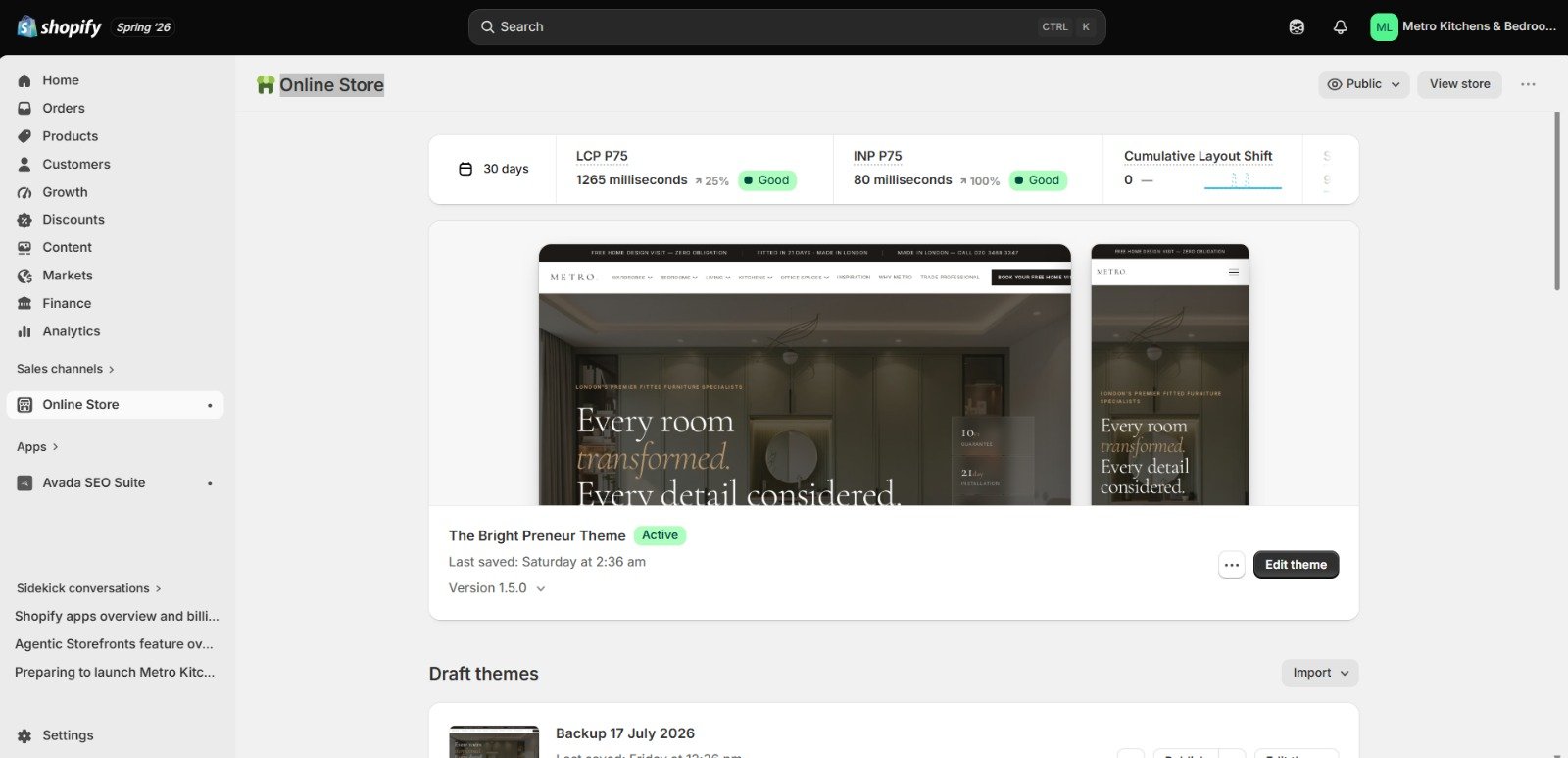Metro Wardrobes Shopify back end