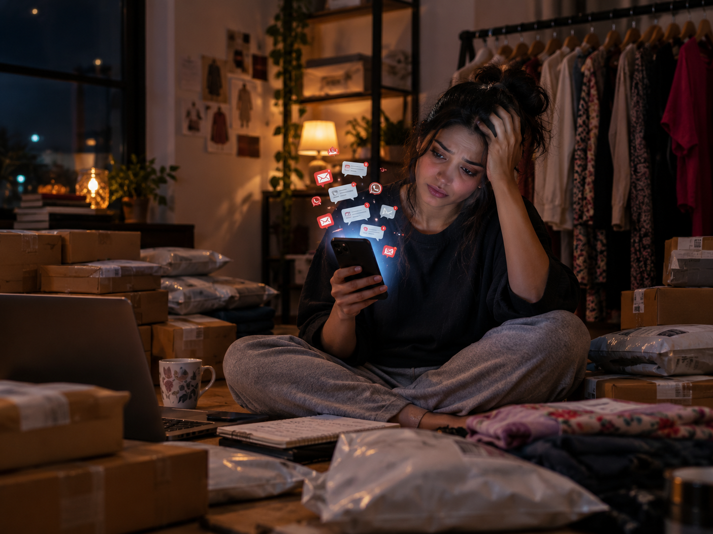 Founder packing orders at night while her phone fills with unanswered Instagram DMs