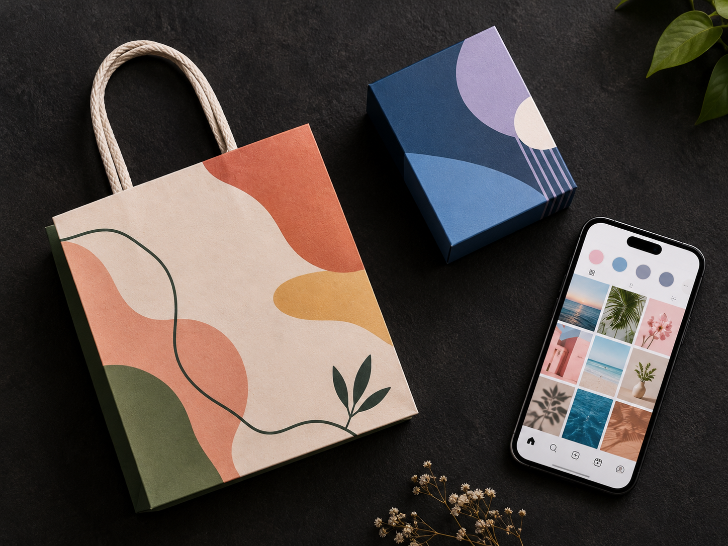 Mismatched shopping bag, product box and phone feed that look like three different brands