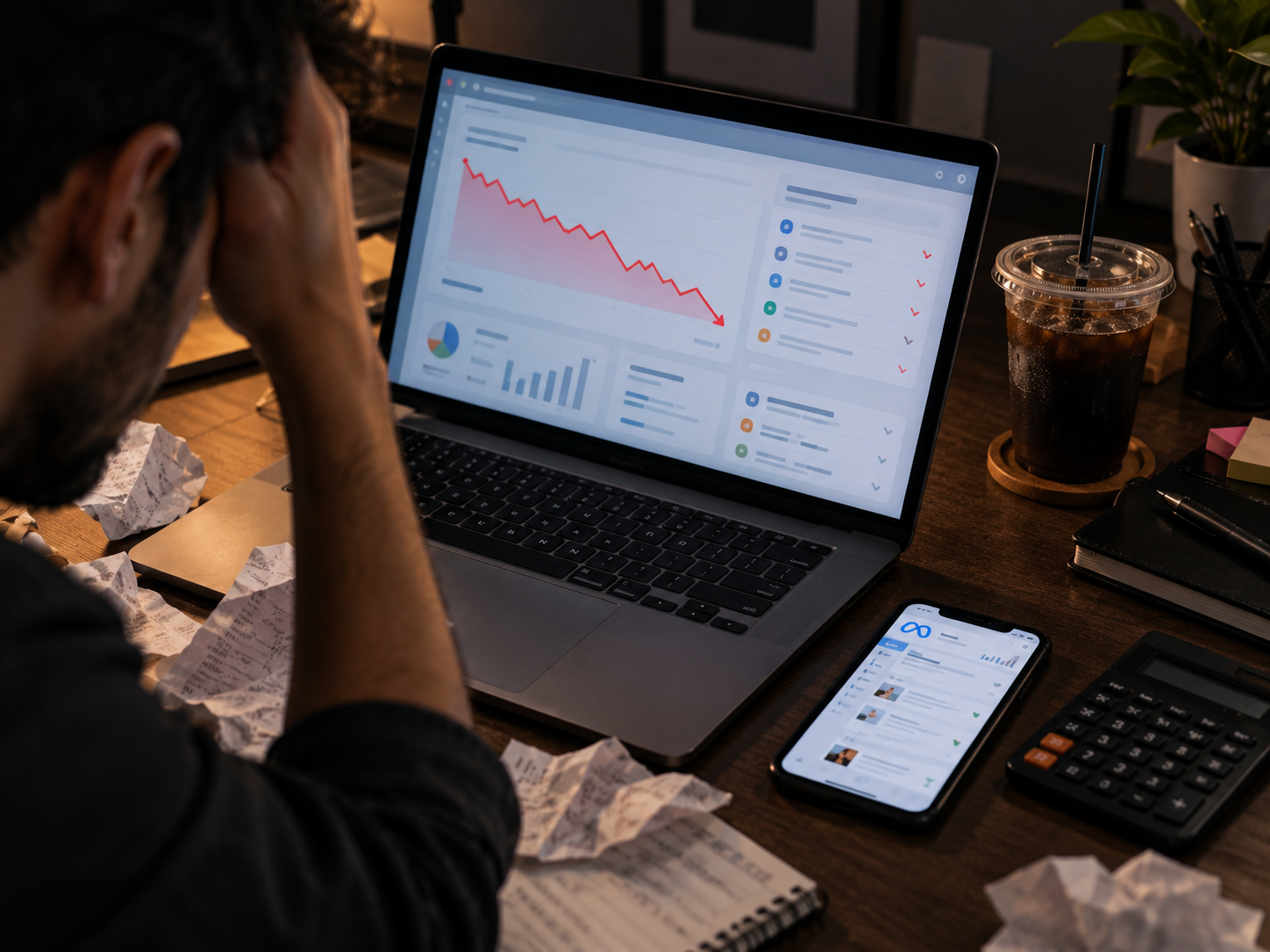 Founder frustrated at a desk with a falling ad-performance graph on the laptop