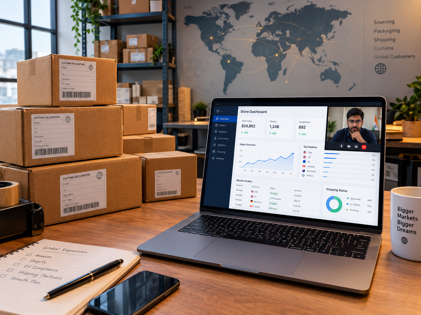 Packed parcels headed to different countries beside a laptop running a store dashboard