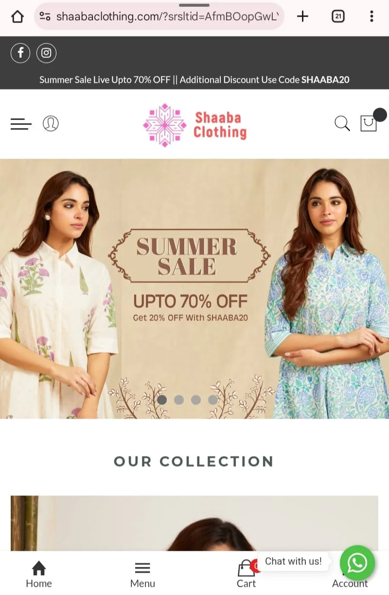 Shaaba Clothing Shopify store on mobile