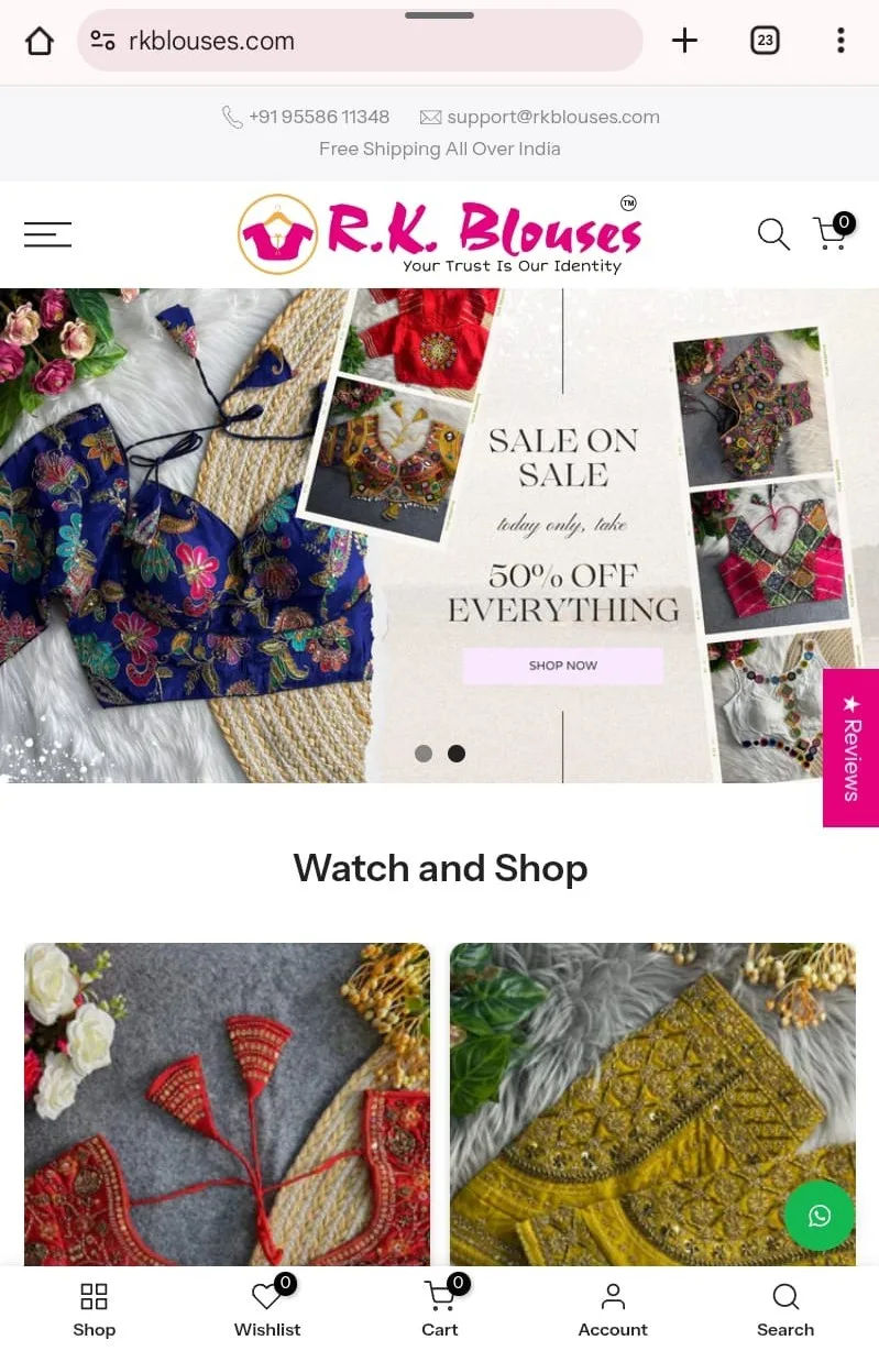 RK Blouses Shopify store on mobile